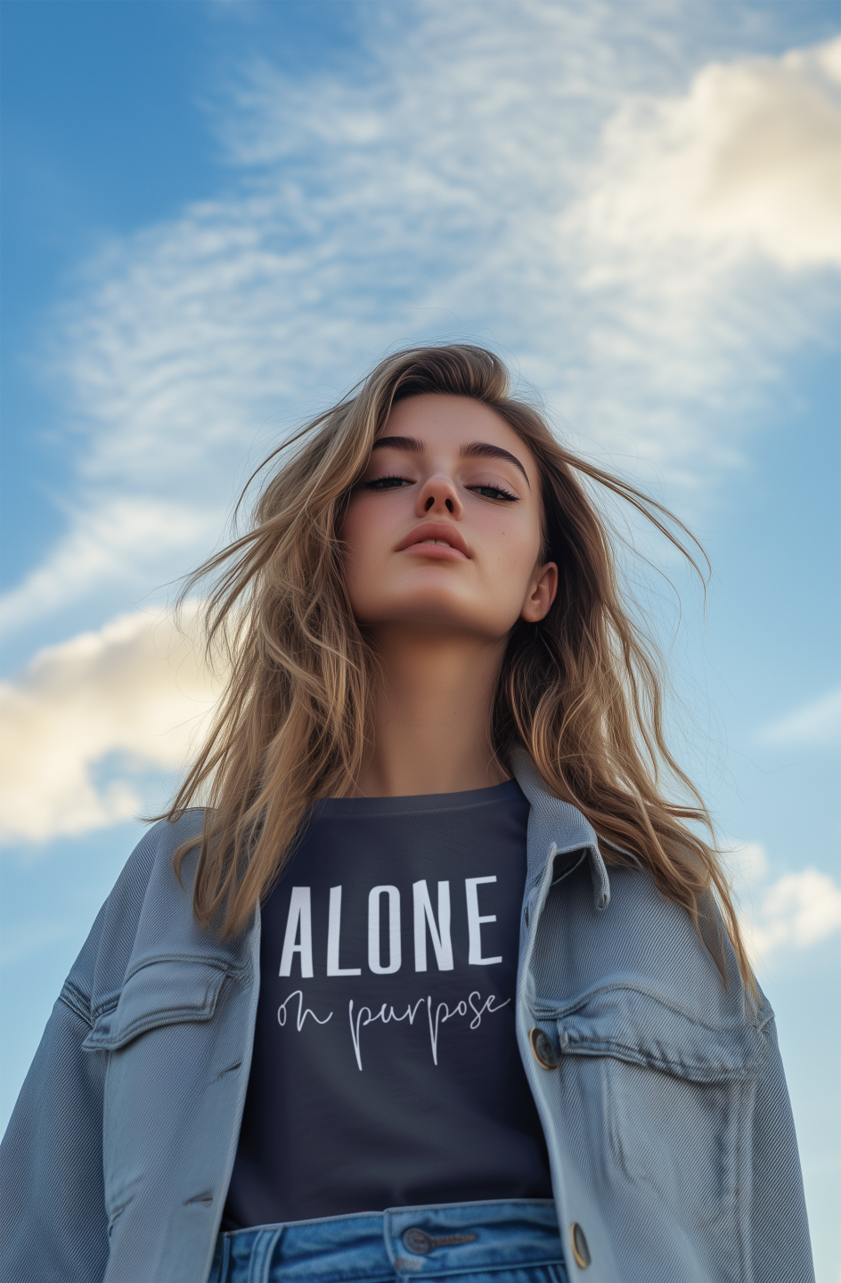 Woman wearing a shirt with 'Alone on Purpose' text against a blue sky.